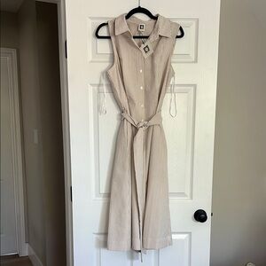 Anne Klein Sleeveless Beige Striped Shirt Dress with Tie Waist